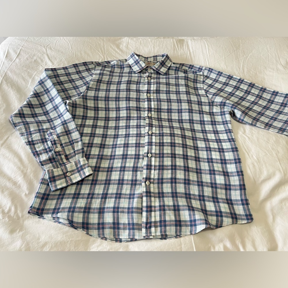 Faherty | Mens SZ XL | Linen Blue Pink Plaid Button Front Long Sleeve Shirt